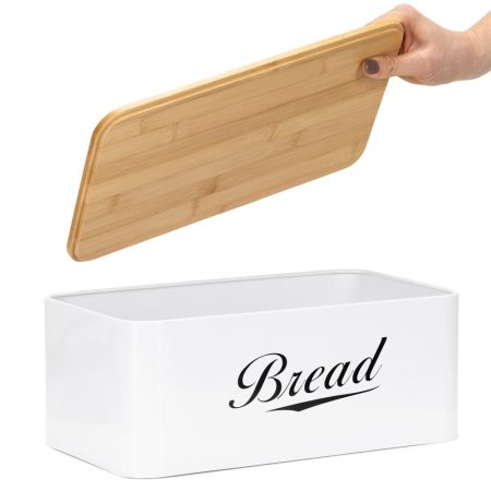 Cutie pentru paine din metal cu capac din bambus, finisaj lucios, 33x18x14 cm, alb [9]