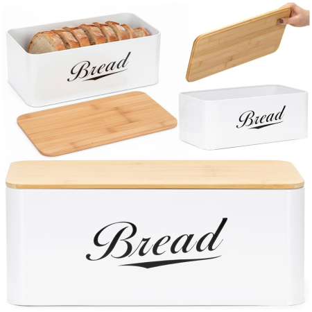 Cutie pentru paine din metal cu capac din bambus, finisaj lucios, 33x18x14 cm, alb [3]