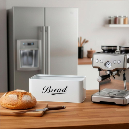 Cutie pentru paine din metal cu capac din bambus, finisaj lucios, 33x18x14 cm, alb [6]