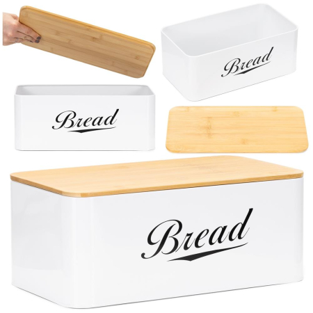 Cutie pentru paine din metal cu capac din bambus, finisaj lucios, 33x18x14 cm, alb [4]