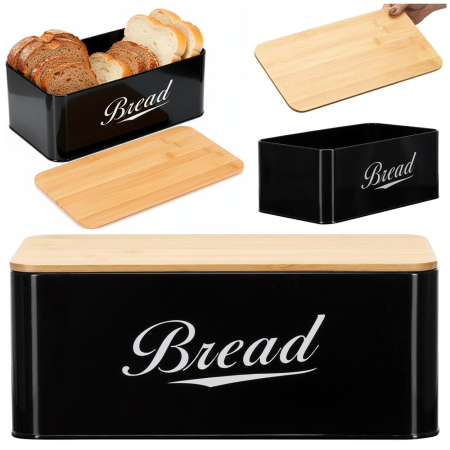 Cutie pentru paine din metal cu capac din bambus, finisaj lucios, 33x18x14 cm, negru [4]