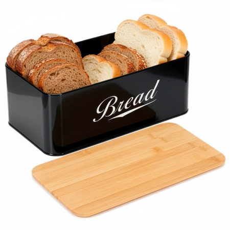 Cutie pentru paine din metal cu capac din bambus, finisaj lucios, 33x18x14 cm, negru [14]