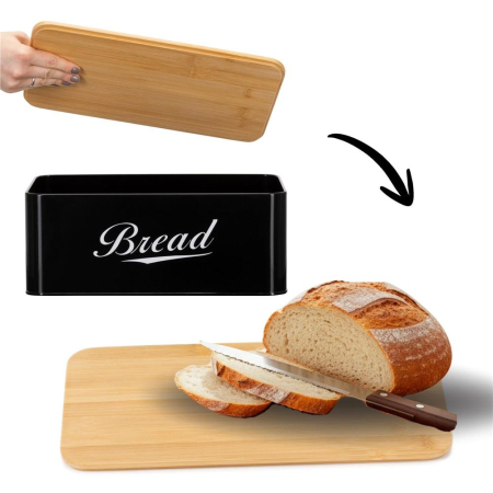 Cutie pentru paine din metal cu capac din bambus, finisaj lucios, 33x18x14 cm, negru [16]