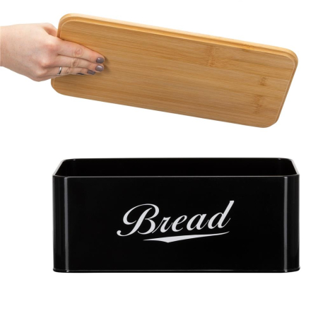 Cutie pentru paine din metal cu capac din bambus, finisaj lucios, 33x18x14 cm, negru [8]