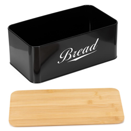 Cutie pentru paine din metal cu capac din bambus, finisaj lucios, 33x18x14 cm, negru [7]