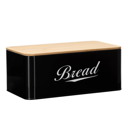 Suporturi si accesorii de bucatarie - Cutie pentru paine din metal cu capac din bambus, finisaj lucios, 33x18x14 cm, negru