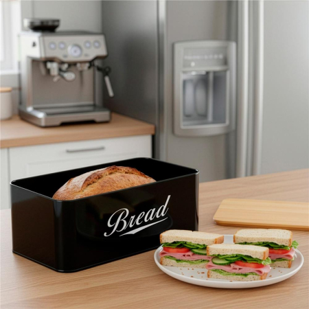 Cutie pentru paine din metal cu capac din bambus, finisaj lucios, 33x18x14 cm, negru [10]