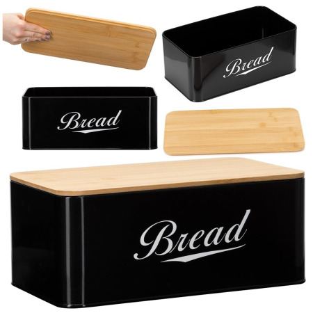 Cutie pentru paine din metal cu capac din bambus, finisaj lucios, 33x18x14 cm, negru [1]