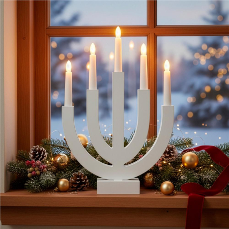 Decoratiune luminoasa tip sfesnic, din lemn, 39 cm, lumina calda, alimentare cu baterii, alb [5]