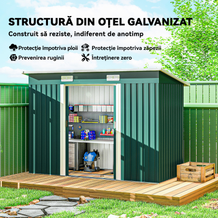  Depozit de Gradina 3.18m² din Otel Galvanizat cu Fante de Aerisire, Spatiu de Depozitare cu Usi Glisante Blocabile, Acoperis inclinat, Manusi, 272x134x182 cm, Verde inchis [3]