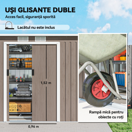  Depozit de Gradina din Otel cu 2 Ventilatii si 2 Usi Glisante, 280x130x172 cm, Maro Lemn [4]
