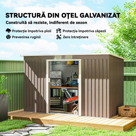  Depozit de Gradina din Otel cu 2 Ventilatii si 2 Usi Glisante, 280x130x172 cm, Maro Lemn [3]