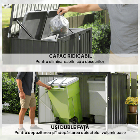  Depozit pentru Exterior 1.1m² din Otel Galvanizat cu 2 Usi Blocate, Depozit pentru Cosuri de Gunoi cu Capac Rabatabil, Magazina pentru Gradina pentru 2 Cosuri si Unelte, Gri inchis [6]