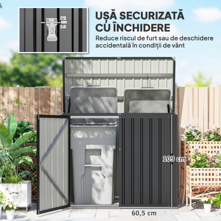  Depozit pentru Exterior 1.1m² din Otel Galvanizat cu 2 Usi Blocate, Depozit pentru Cosuri de Gunoi cu Capac Rabatabil, Magazina pentru Gradina pentru 2 Cosuri si Unelte, Gri inchis [4]