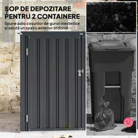  Depozit pentru Exterior 1.1m² din Otel Galvanizat cu 2 Usi Blocate, Depozit pentru Cosuri de Gunoi cu Capac Rabatabil, Magazina pentru Gradina pentru 2 Cosuri si Unelte, Gri inchis [3]