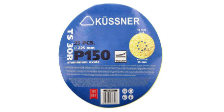 Unelte de vopsit si tencuit - Disc de slefuit Küssner TS30R cu gauri, Ø 225 mm, Velcro, acoperire cu corindon, granulatie *P150*, pachet de 25.