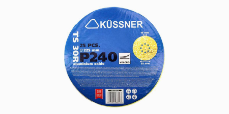 Unelte de vopsit si tencuit - Disc de slefuit Küssner TS30R cu gauri, Ø 225 mm, Velcro, acoperire cu corindon, granulatie *P240*, pachet de 25 buc.