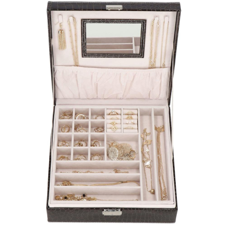 Cutie depozitare si organizare bijuterii, MDF, piele ecologica, 26 x 26 x 8,5cm, negru sarpe [25]