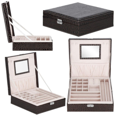 Cutie depozitare si organizare bijuterii, MDF, piele ecologica, 26 x 26 x 8,5cm, negru sarpe [16]