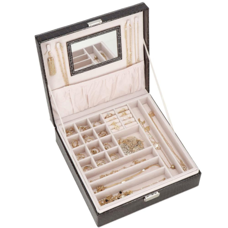 Cutie depozitare si organizare bijuterii, MDF, piele ecologica, 26 x 26 x 8,5cm, negru sarpe [31]