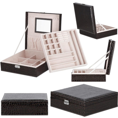 Cutie depozitare si organizare bijuterii, MDF, piele ecologica, 26 x 26 x 8,5cm, negru sarpe [33]