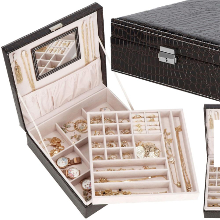 Cutie depozitare si organizare bijuterii, MDF, piele ecologica, 26 x 26 x 8,5cm, negru sarpe [28]