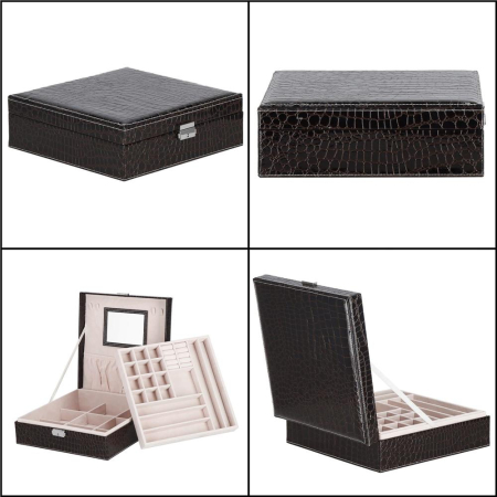 Cutie depozitare si organizare bijuterii, MDF, piele ecologica, 26 x 26 x 8,5cm, negru sarpe [12]