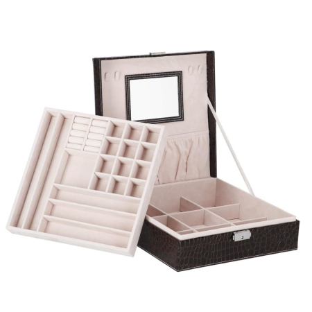 Depozitare si organizare - Cutie depozitare si organizare bijuterii, MDF, piele ecologica, 26 x 26 x 8,5cm, negru sarpe