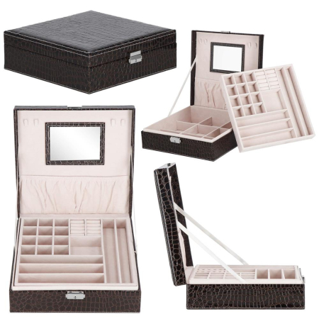 Cutie depozitare si organizare bijuterii, MDF, piele ecologica, 26 x 26 x 8,5cm, negru sarpe [13]