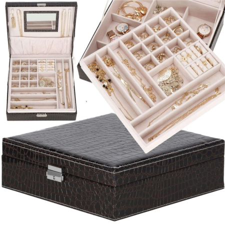 Cutie depozitare si organizare bijuterii, MDF, piele ecologica, 26 x 26 x 8,5cm, negru sarpe [26]