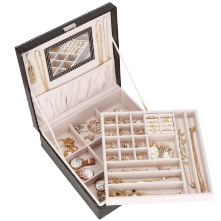 Cutie depozitare si organizare bijuterii, MDF, piele ecologica, 26 x 26 x 8,5cm, negru sarpe [30]