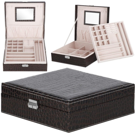 Cutie depozitare si organizare bijuterii, MDF, piele ecologica, 26 x 26 x 8,5cm, negru sarpe [18]