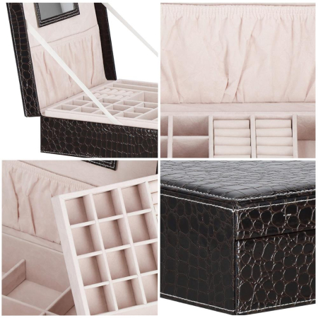 Cutie depozitare si organizare bijuterii, MDF, piele ecologica, 26 x 26 x 8,5cm, negru sarpe [10]