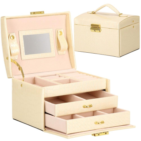 Organizare - (DL) Cutie depozitare si organizare bijuterii, MDF, piele ecologica si velur, 17,5 x 14 x 12,5cm, crem