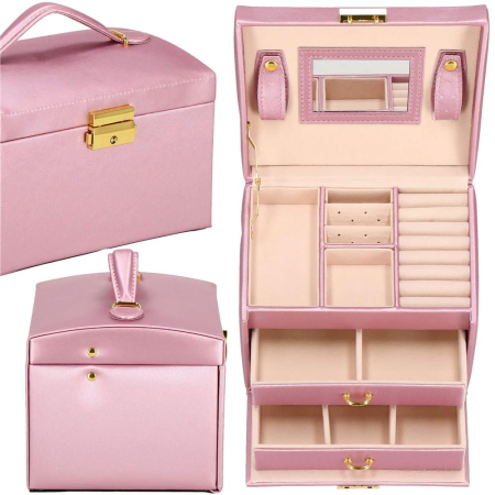 (DL) Cutie depozitare si organizare bijuterii, MDF, piele ecologica si velur, 17,5 x 14 x 12,5cm, roz [1]