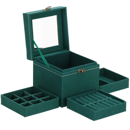 (DL) Cutie depozitare si organizare bijuterii, velur, 12x 12 x 12 cm, verde [4]