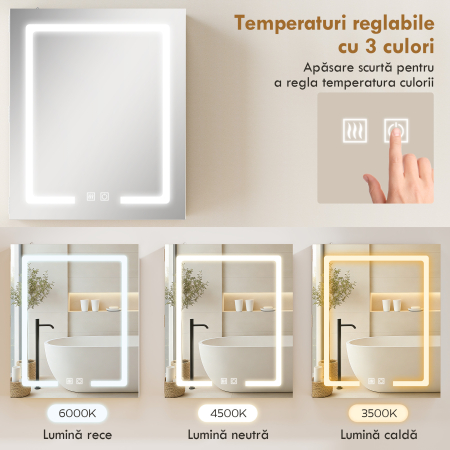  Dulap Baie cu Oglinda LED, 50x15x60 cm Mobila Baie cu Functie Anti-Aburire, Rafturi Reglabile, 3 Temperaturi de Lumina Dimmabile, Dulap Montat pe Perete din Sticla, Alb [3]