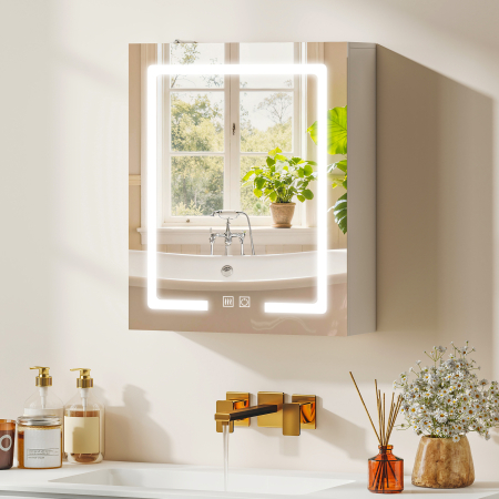  Dulap Baie cu Oglinda LED, 50x15x60 cm Mobila Baie cu Functie Anti-Aburire, Rafturi Reglabile, 3 Temperaturi de Lumina Dimmabile, Dulap Montat pe Perete din Sticla, Alb [1]