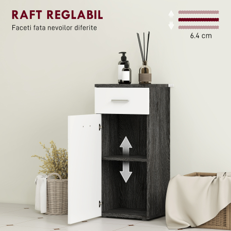  Dulap Baie din Lemn cu Sertar si Rafturi, Design Alb si Negru [4]
