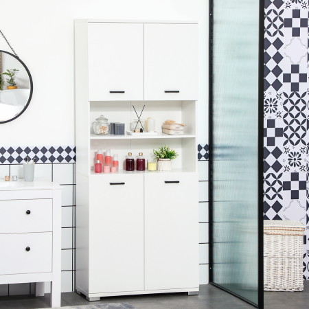  Dulap Baie din PAL Alb cu 2 Dulapioare cu Usi si  2 Rafturi Deschise, Design Anti rasturnare, 80x33.5x190 cm [8]