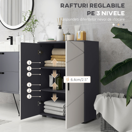 Dulap Baie Gri 60×30×82 cm - Cu 3 Rafturi si Usi cu Amortizare [4]