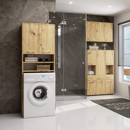 Dulap baie inalt pentru spatiu deasupra masinii de spalat, cu usi si polite, 64x30x180 cm, stejar artisan [4]