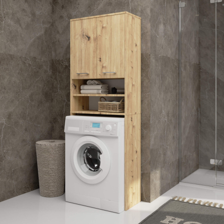 Dulap baie inalt pentru spatiu deasupra masinii de spalat, cu usi si polite, 64x30x180 cm, stejar artisan [3]