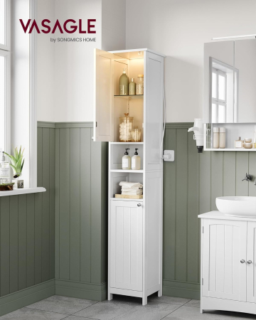 Dulap baie inalt si ingust cu lumina LED, rafturi reglabile, MDF lacuit, 30x30x170 cm, alb [7]