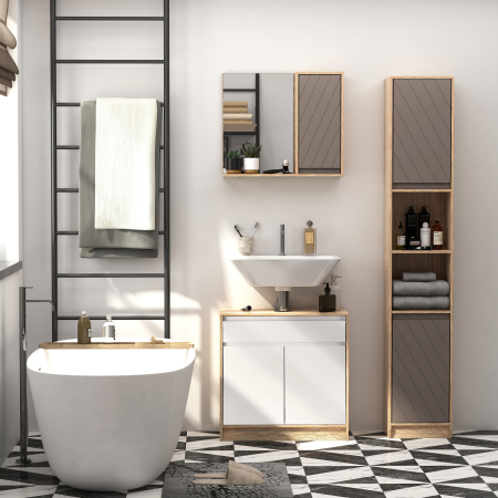  Dulap Baie Space Saver - Gri & Stejar, Cu 6 Rafturi & Dulapioare [1]