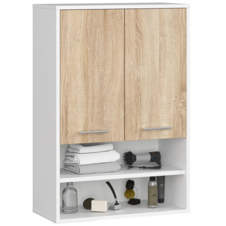 Mobilier pentru baie - Dulap baie suspendat, cu 2 usi si 2 rafturi deschise, PAL 16 mm, 64x30x94 cm, alb si stejar sonoma