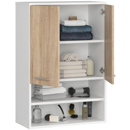 Dulap baie suspendat, cu 2 usi si 2 rafturi deschise, PAL 16 mm, 64x30x94 cm, alb si stejar sonoma [2]
