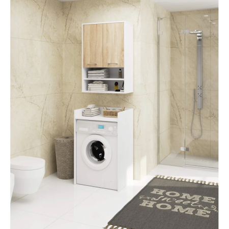 Dulap baie suspendat, cu 2 usi si 2 rafturi deschise, PAL 16 mm, 64x30x94 cm, alb si stejar sonoma [3]