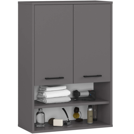 Baie - Dulap baie suspendat, cu 2 usi si 2 rafturi deschise, PAL 16 mm, 64x30x94 cm, gri