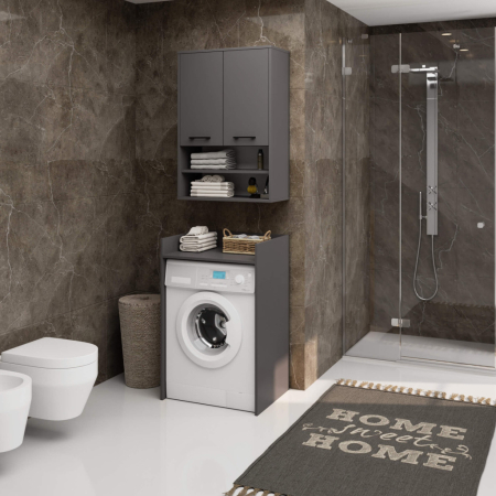 Dulap baie suspendat, cu 2 usi si 2 rafturi deschise, PAL 16 mm, 64x30x94 cm, gri [3]